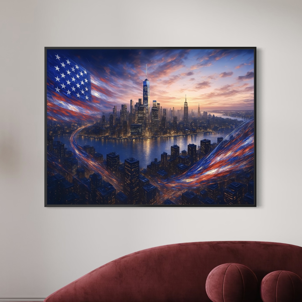 Tableau New York American Dream – Skyline Américaine | SPEKTRA Tableau New York American Dream représentant la skyline de Manhattan avec le One World Trade Center et un drapeau américain dans un salon contemporain.