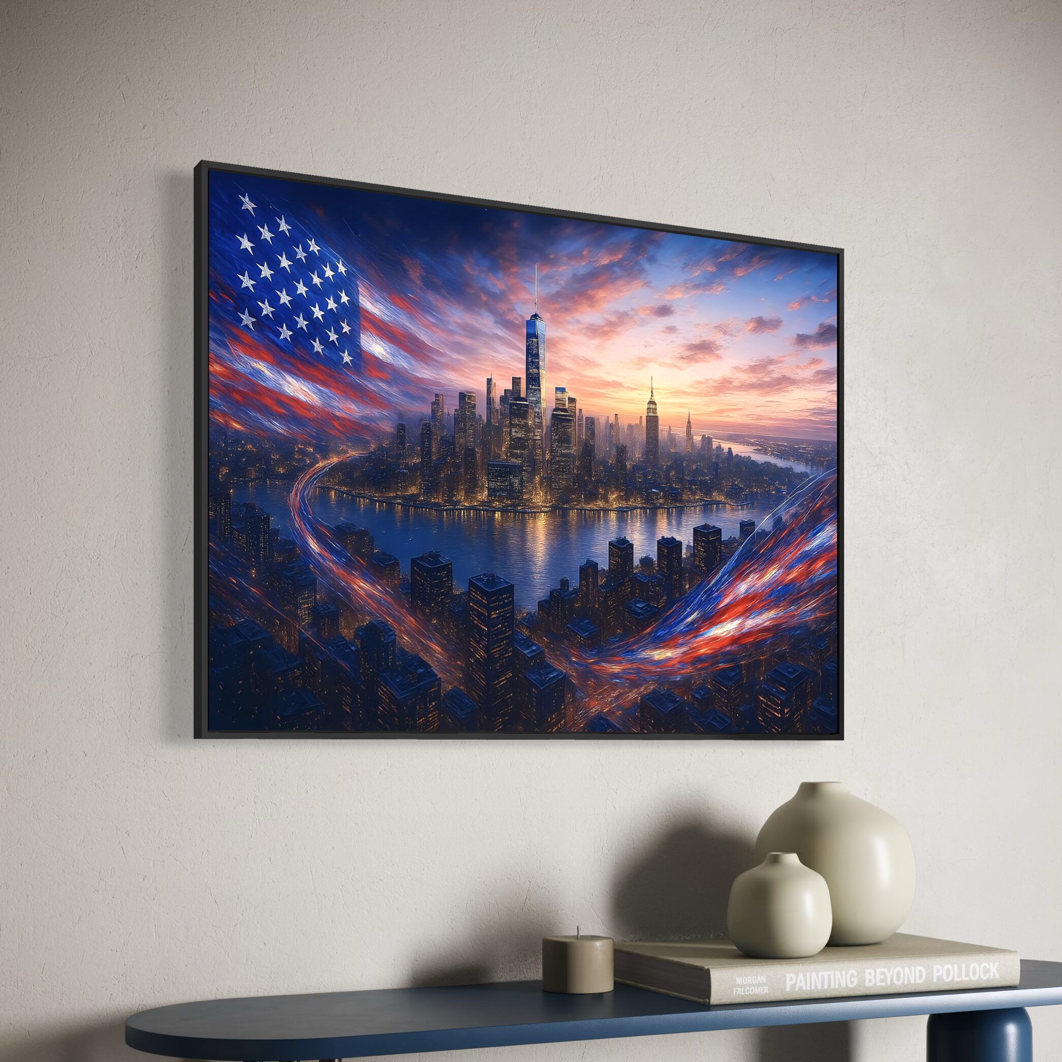 Tableau New York American Dream – Skyline Américaine | SPEKTRA Tableau New York American Dream représentant la skyline de Manhattan au coucher du soleil avec le One World Trade Center et un drapeau américain flottant.