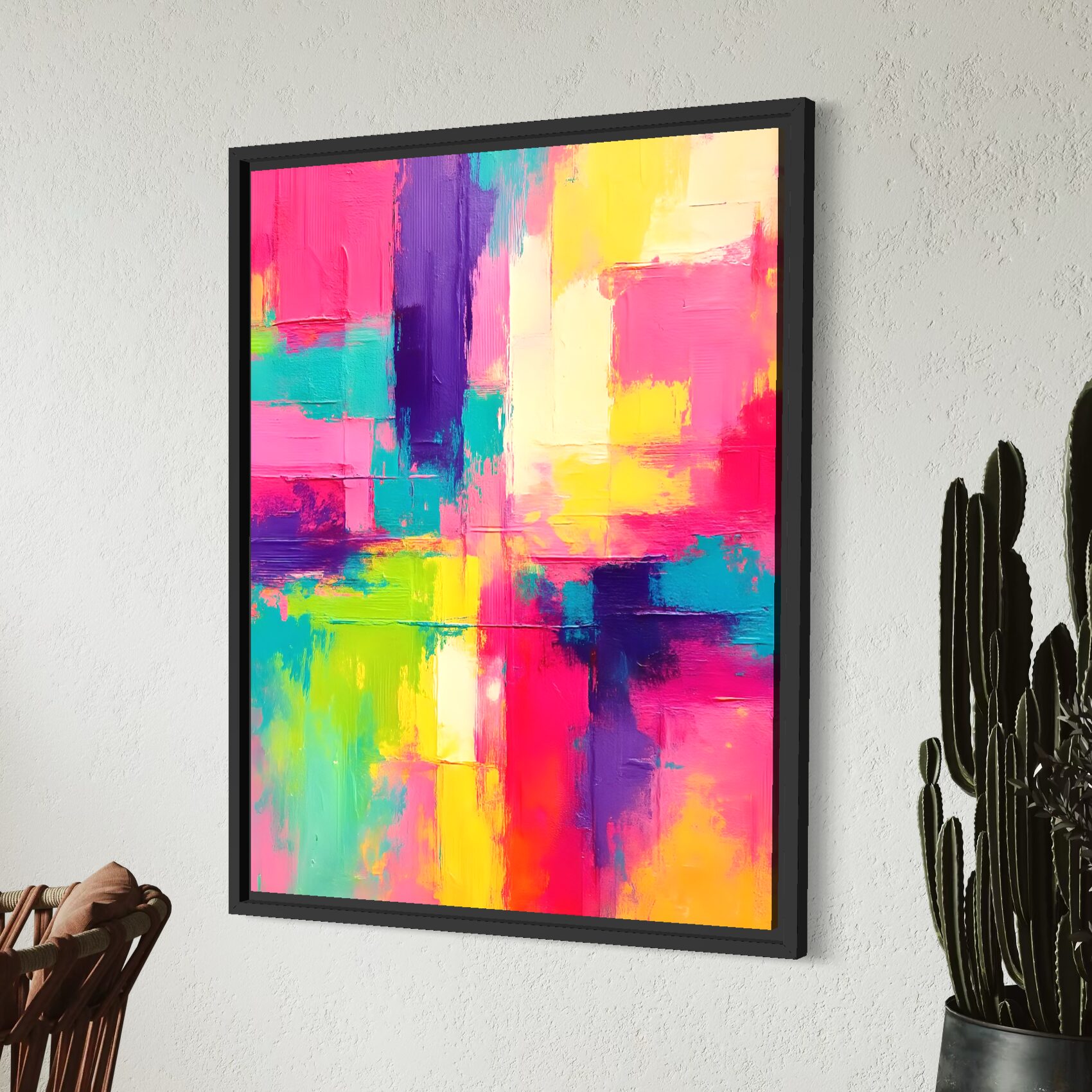 Tableau Énergie Pure – Art Abstrait Coloré Contemporain | SPEKTRA Tableau abstrait contemporain Énergie Pure présenté dans un cadre noir élégant avec couleurs vives rose turquoise jaune et violet dans un intérieur design moderne