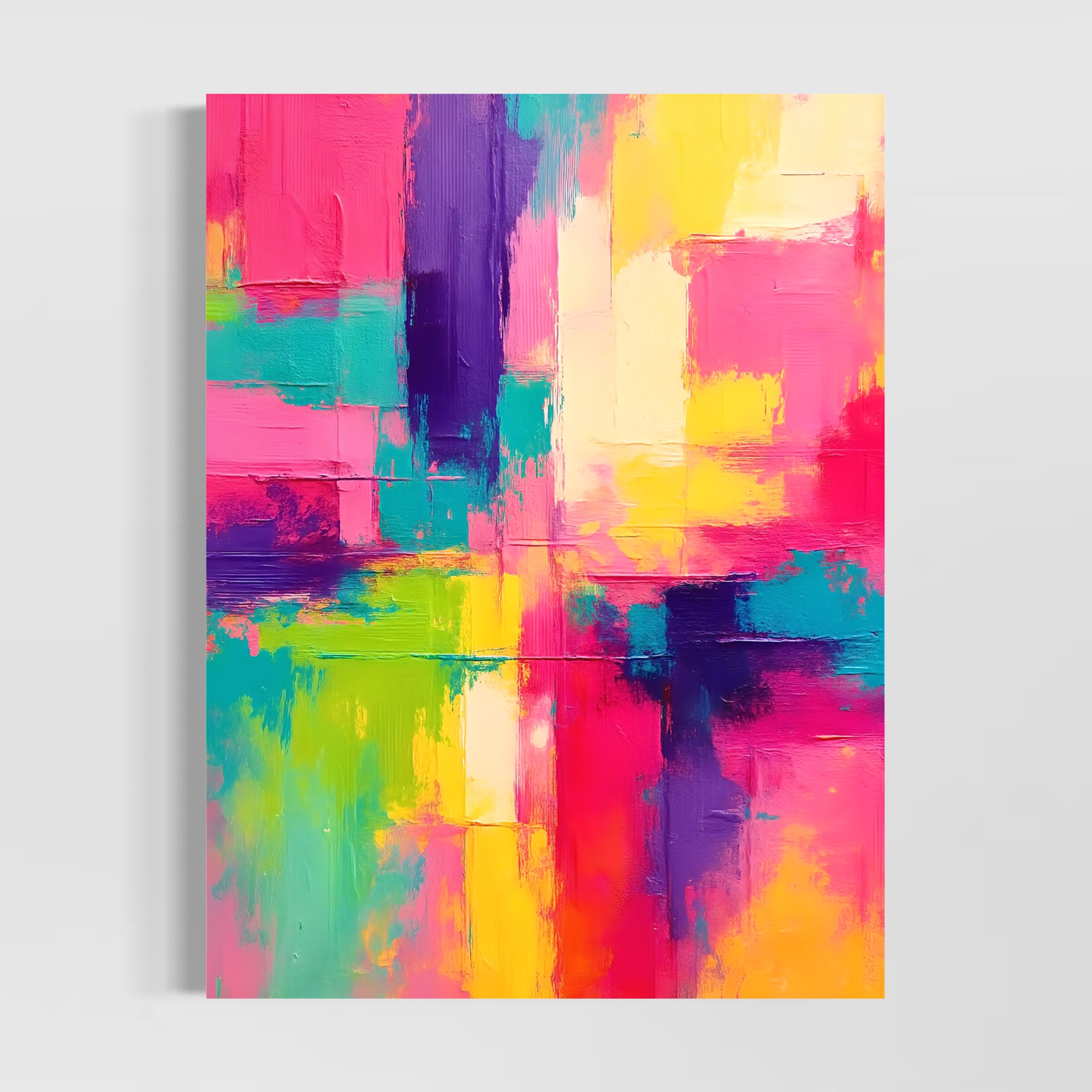 Tableau Énergie Pure – Art Abstrait Coloré Contemporain | SPEKTRA Tableau abstrait coloré Énergie Pure aux teintes vibrantes rose turquoise jaune et violet inspiré de l’art contemporain et de l’expression abstraite moderne