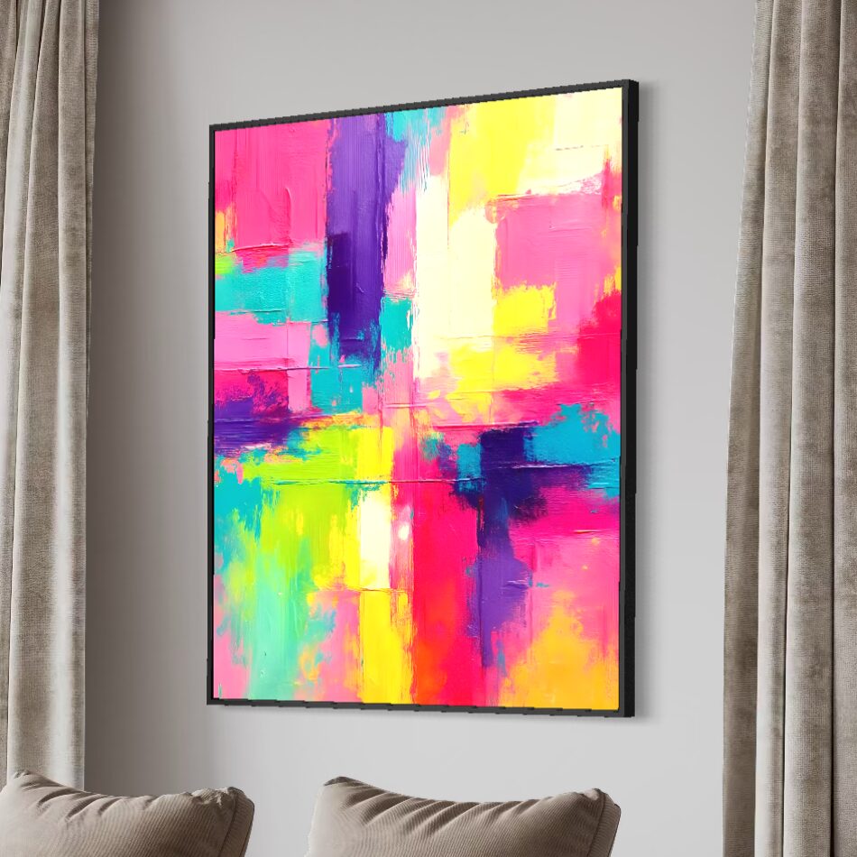 Tableau Énergie Pure – Art Abstrait Coloré Contemporain | SPEKTRA Tableau abstrait coloré Énergie Pure encadré noir dans un salon contemporain haut de gamme avec rideaux élégants et palette vibrante rose turquoise jaune et violet