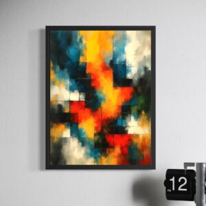 Tableau abstrait coloré Lumière Captive aux nuances de bleu, jaune, rouge et blanc dans une composition contemporaine lumineuse et expressive idéale pour une décoration moderne.