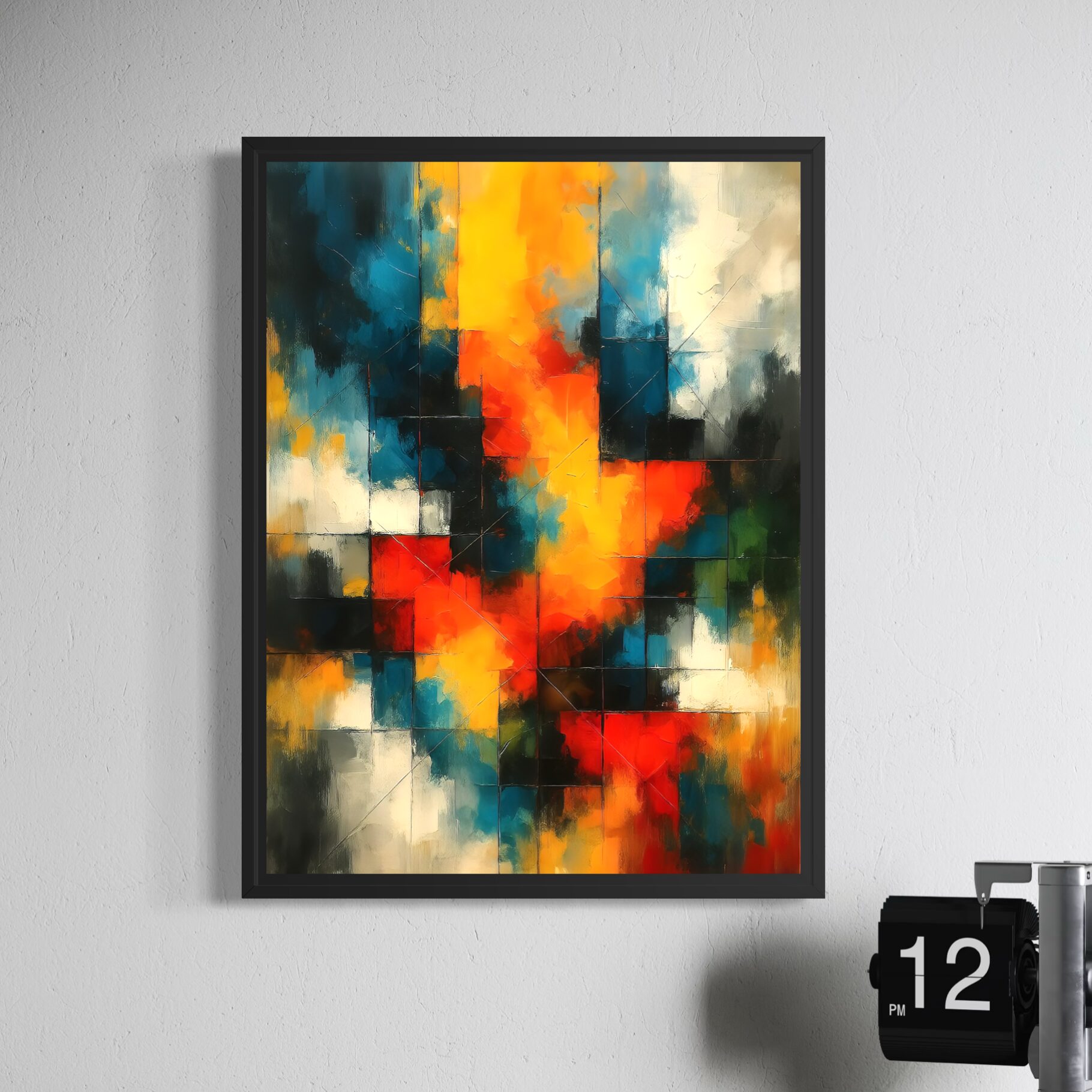 Tableau Lumière Captive – Abstraction lumineuse et énergie contemporaine Tableau abstrait coloré Lumière Captive aux nuances de bleu, jaune, rouge et blanc dans une composition contemporaine lumineuse et expressive idéale pour une décoration moderne.