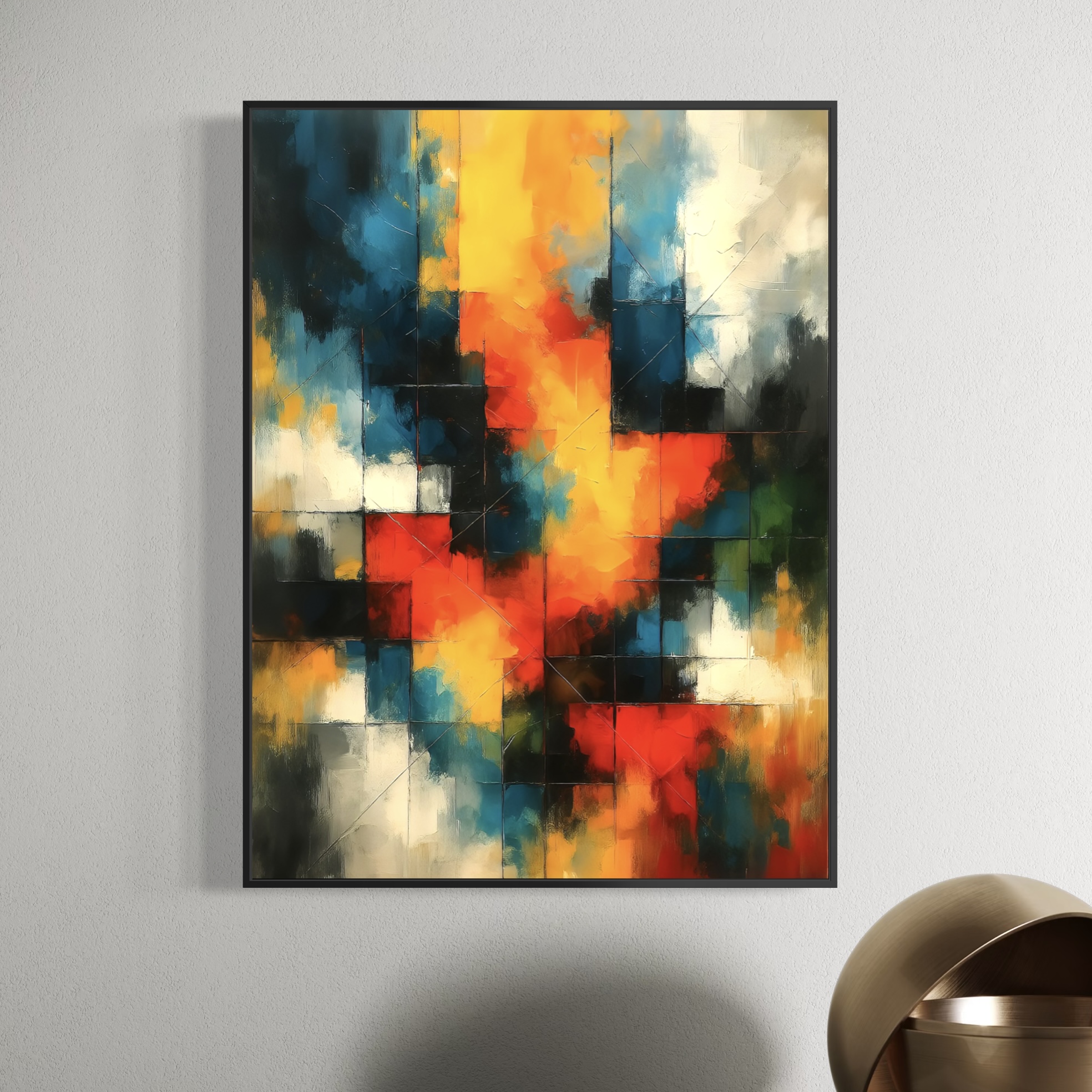 Tableau Lumière Captive – Abstraction lumineuse et énergie contemporaine Tableau abstrait coloré Lumière Captive mêlant bleu profond, jaune lumineux, rouge intense et blanc dans une composition contemporaine moderne pour décoration intérieure design.