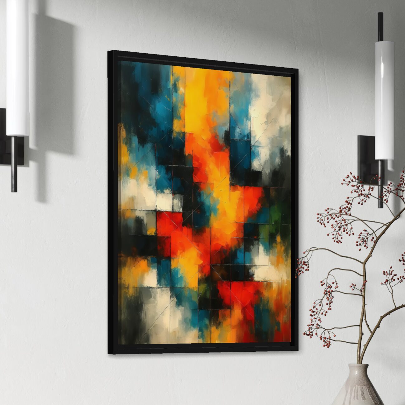 Tableau Lumière Captive – Abstraction lumineuse et énergie contemporaine Tableau abstrait coloré Lumière Captive avec nuances de bleu, jaune, rouge et blanc dans une composition contemporaine lumineuse idéale pour une décoration murale moderne.