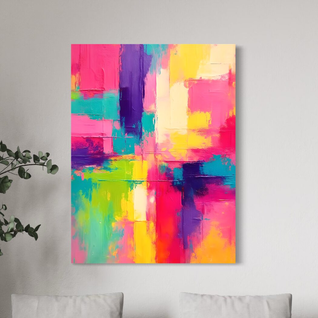 Tableau Énergie Pure – Art Abstrait Coloré Contemporain | SPEKTRA Tableau abstrait coloré Énergie Pure dans un salon moderne avec décoration murale contemporaine aux couleurs vibrantes rose turquoise jaune et violet