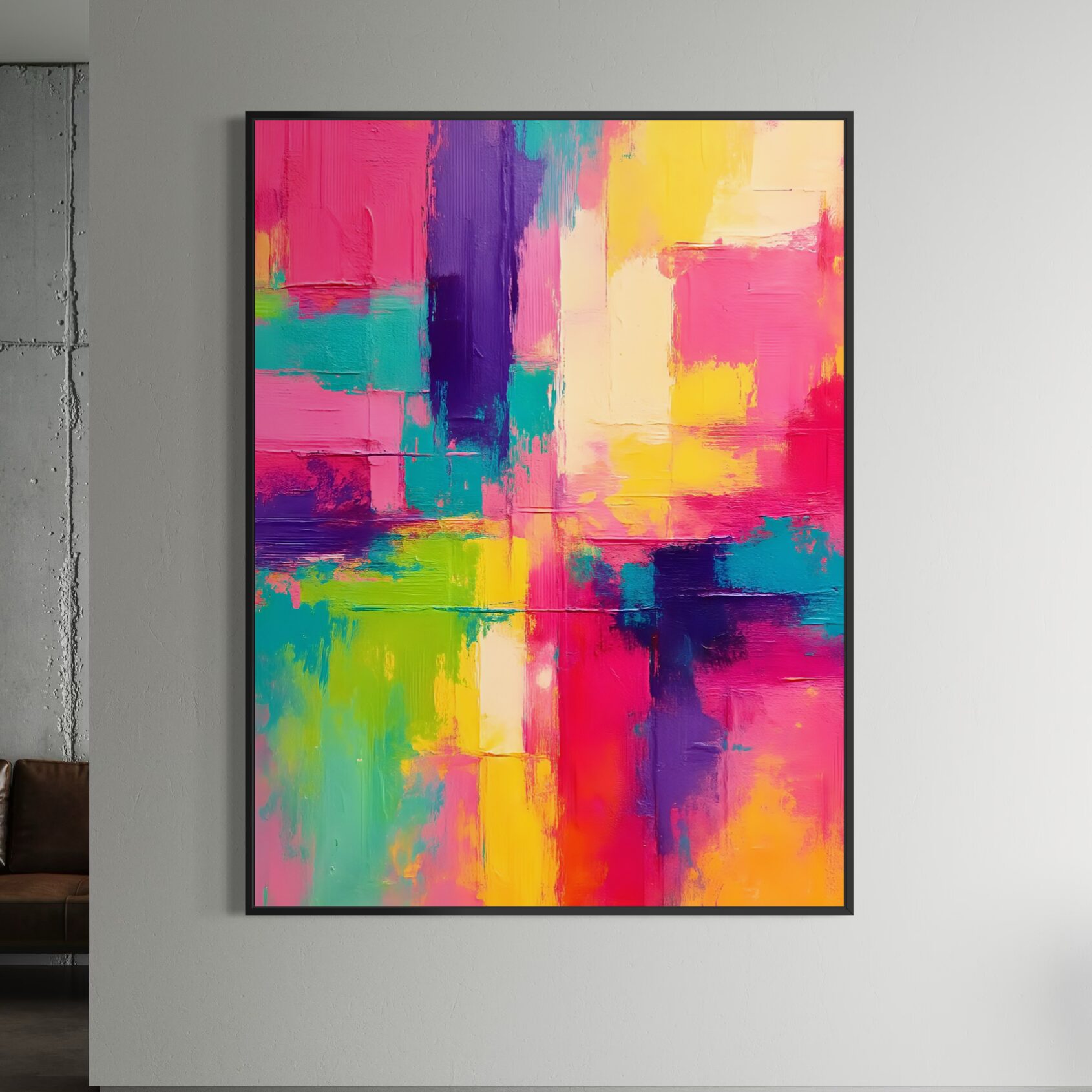 Tableau Énergie Pure – Art Abstrait Coloré Contemporain | SPEKTRA Tableau abstrait contemporain Énergie Pure encadré noir sur mur design minimaliste avec couleurs vibrantes rose turquoise jaune et violet pour décoration intérieure moderne