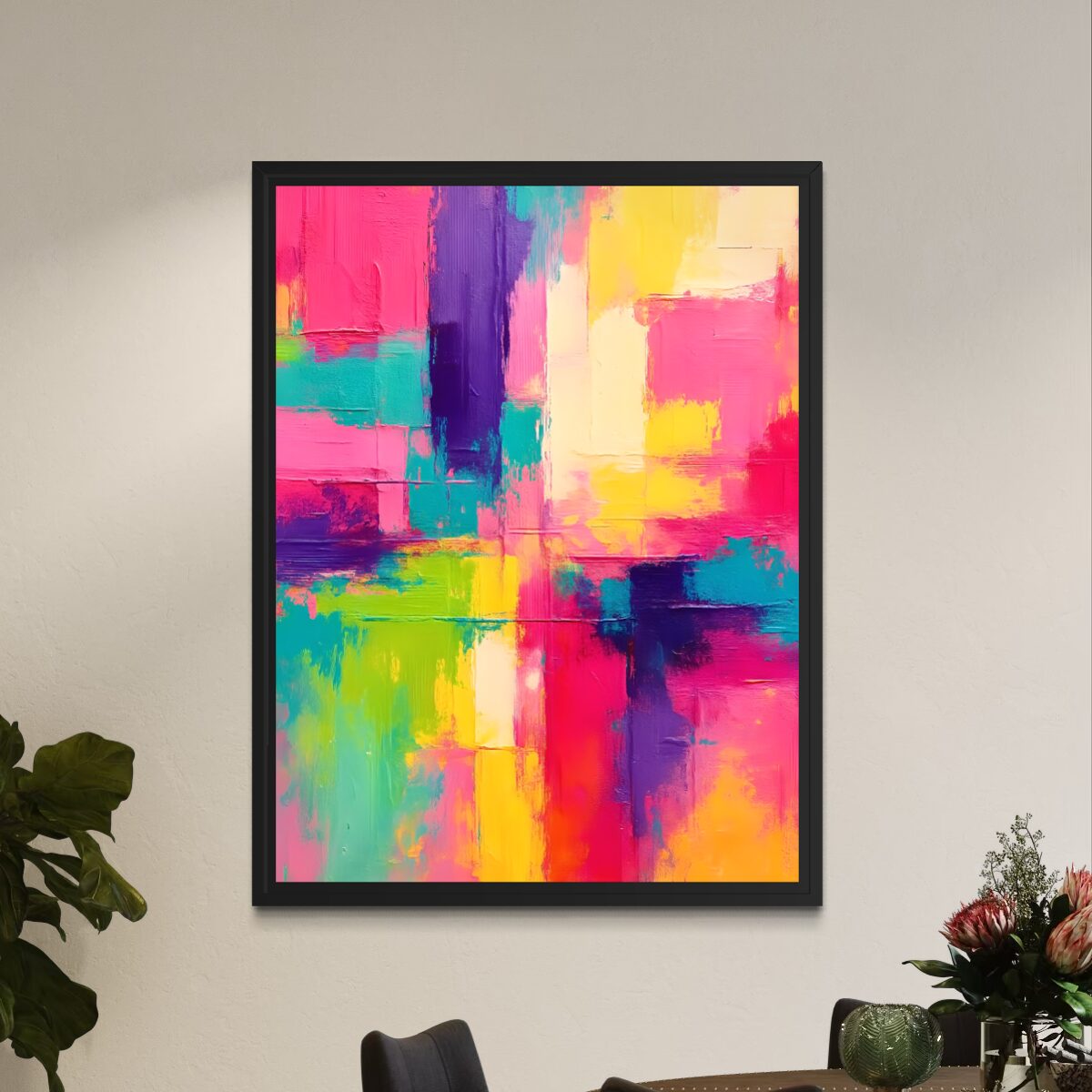 Tableau Énergie Pure – Art Abstrait Coloré Contemporain | SPEKTRA Tableau abstrait coloré Énergie Pure encadré noir dans un intérieur contemporain avec couleurs vibrantes rose turquoise jaune et violet pour décoration murale moderne