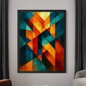 Tableau abstrait géométrique contemporain Signature du Temps encadré avec formes graphiques orange, jaune, bleu pétrole et turquoise