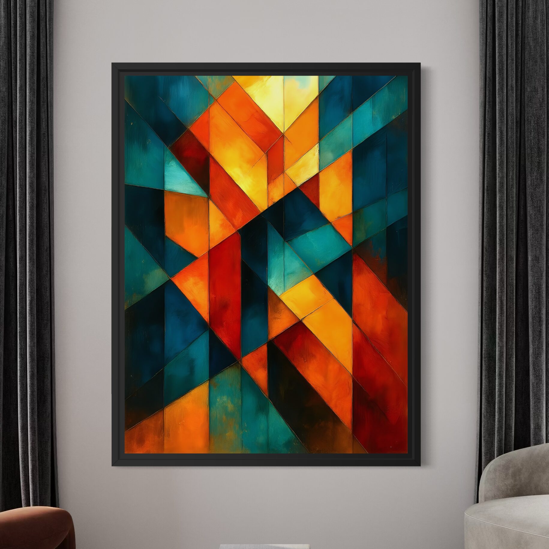 Signature du Temps – Tableau Abstrait Moderne Géométrique Tableau abstrait géométrique contemporain Signature du Temps encadré avec formes graphiques orange, jaune, bleu pétrole et turquoise