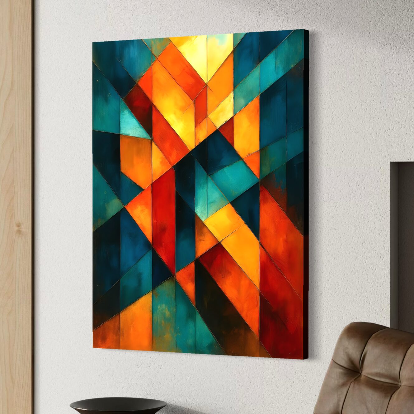 Signature du Temps – Tableau Abstrait Moderne Géométrique Tableau abstrait géométrique Signature du Temps avec formes contemporaines bleu pétrole, turquoise, orange, rouge et jaune dans un intérieur moderne