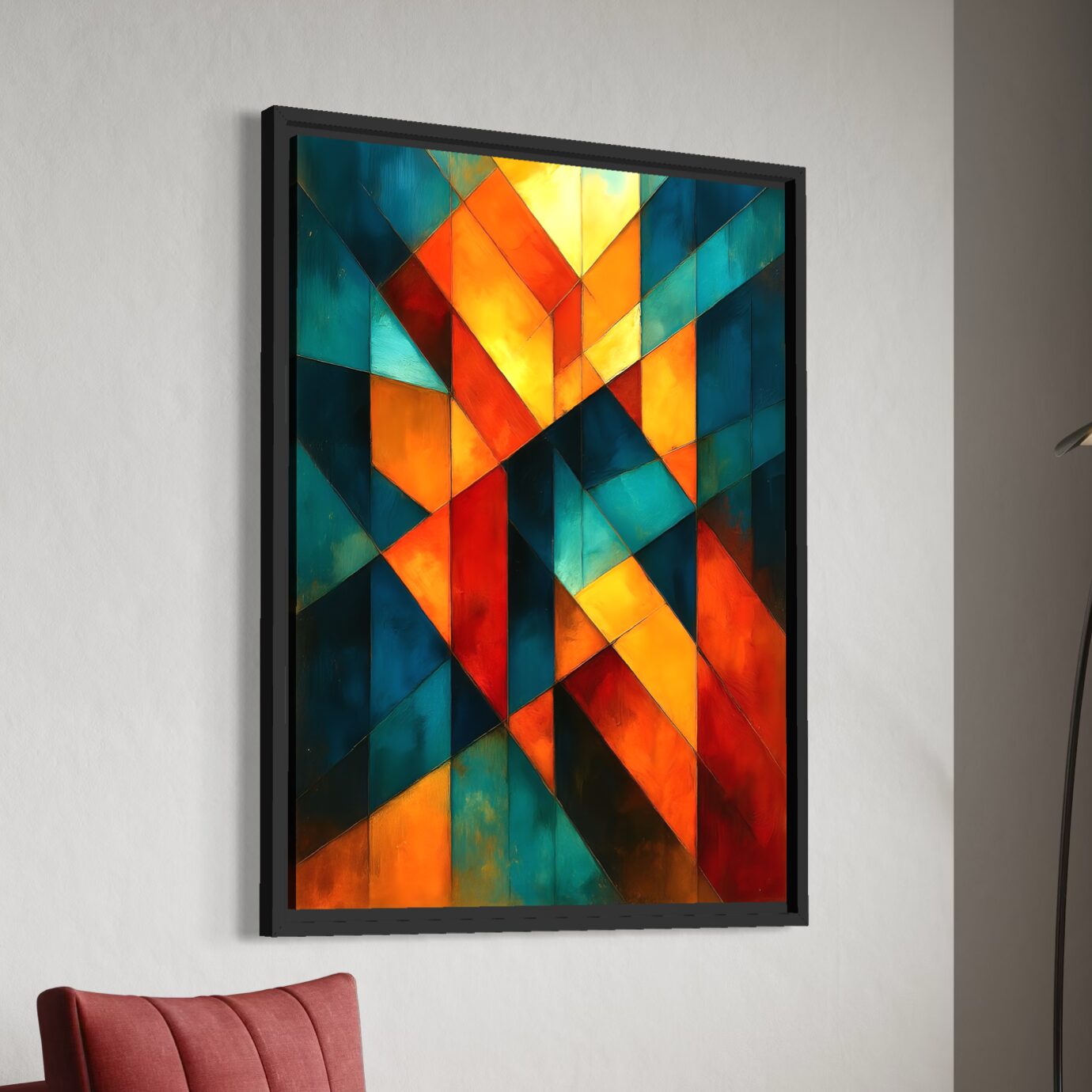 Signature du Temps – Tableau Abstrait Moderne Géométrique Tableau abstrait géométrique encadré Signature du Temps avec composition contemporaine orange, jaune et bleu pétrole dans un intérieur moderne