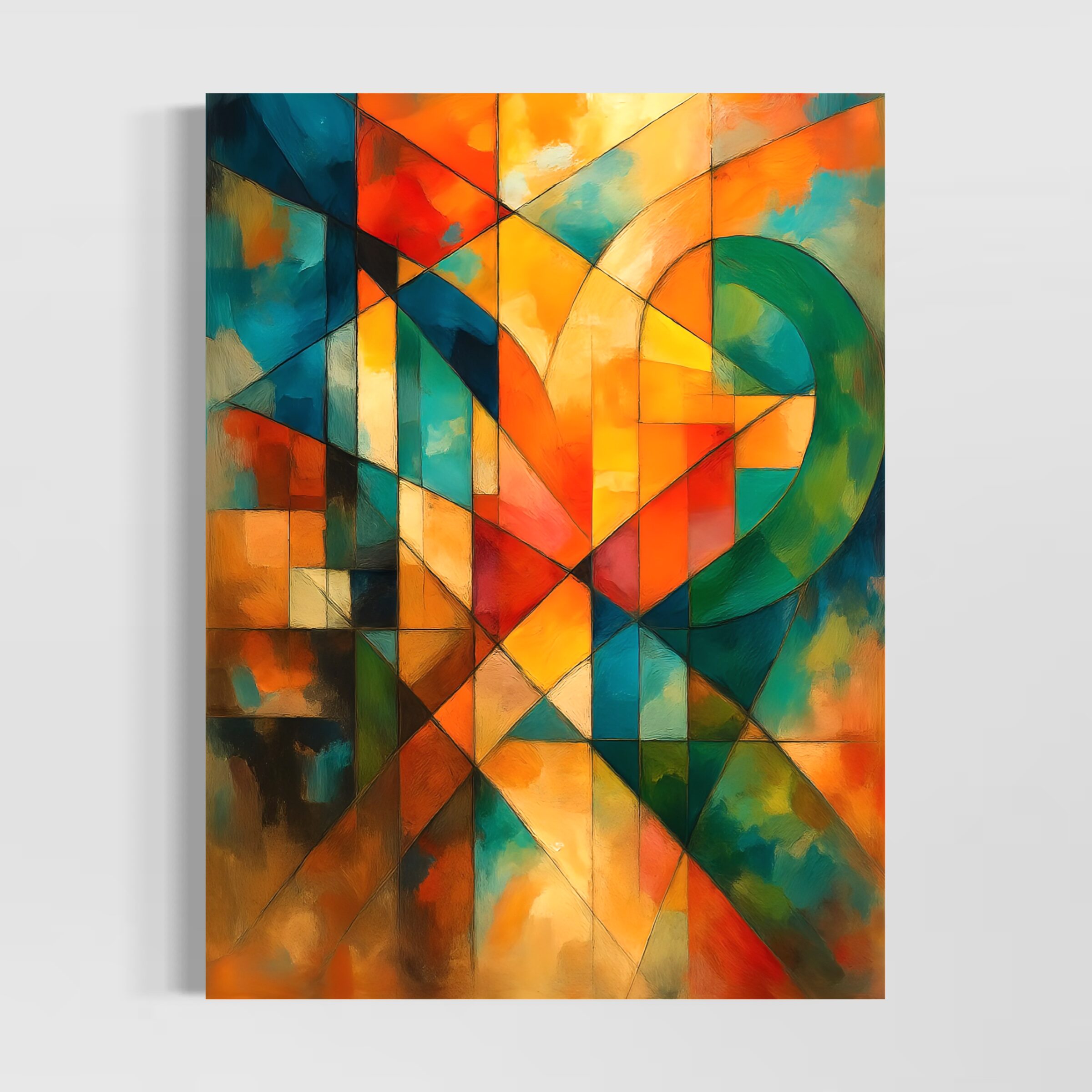 Tableau Abstrait Géométrique Évidence Invisible – Art Contemporain SPEKTRA Tableau abstrait géométrique Évidence Invisible aux couleurs vives orange, turquoise, vert et bleu, composition contemporaine moderne signée SPEKTRA en édition limitée.