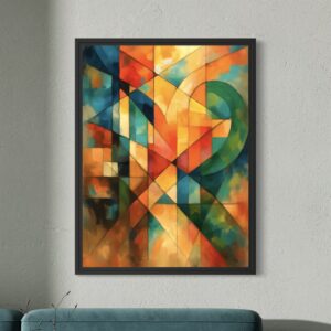 Accueil Tableau abstrait géométrique Évidence Invisible encadré noir, composition contemporaine aux couleurs orange, turquoise, vert et bleu signée SPEKTRA.