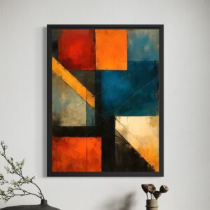 Tableau Harmonie Cachée représentant une composition abstraite géométrique aux couleurs bleu pétrole, orange, terracotta et noir dans un style contemporain moderne.