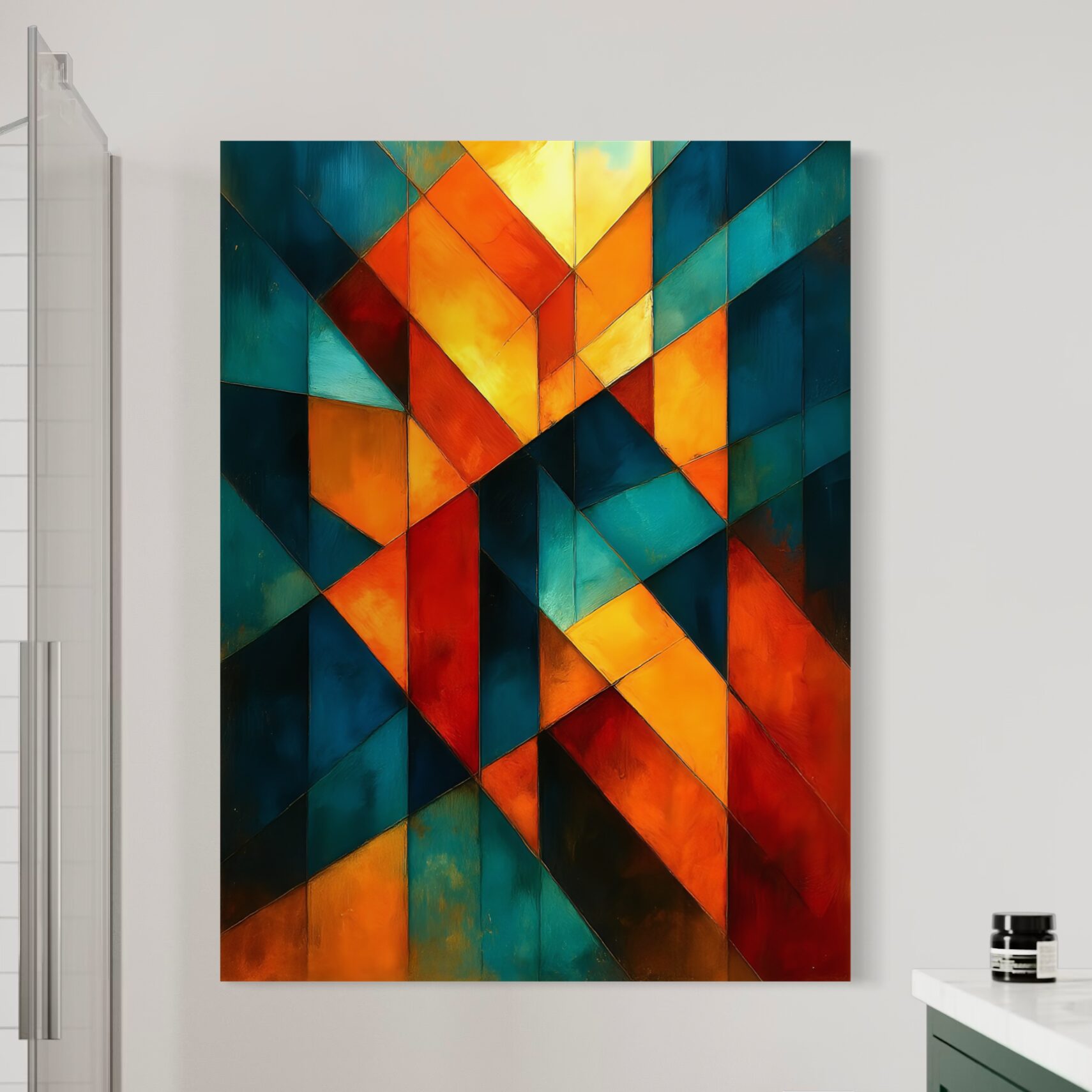 Signature du Temps – Tableau Abstrait Moderne Géométrique Tableau abstrait géométrique contemporain Signature du Temps avec formes architecturales bleu pétrole, turquoise, orange et jaune dans un intérieur moderne