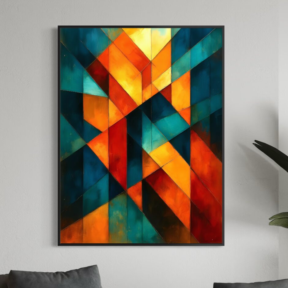 Signature du Temps – Tableau Abstrait Moderne Géométrique Tableau abstrait géométrique moderne Signature du Temps avec formes colorées bleu pétrole, turquoise, orange et jaune dans un salon contemporain