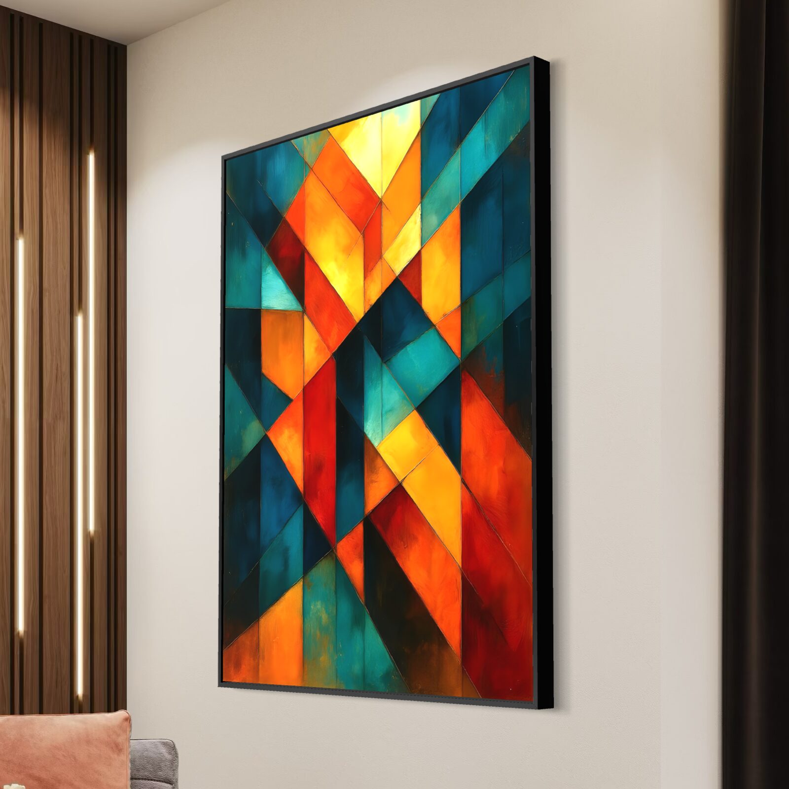 Signature du Temps – Tableau Abstrait Moderne Géométrique Tableau abstrait géométrique vertical Signature du Temps avec formes graphiques orange, jaune, rouge et bleu pétrole dans un intérieur contemporain