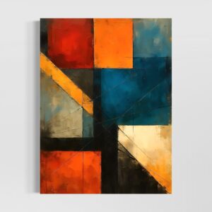 Tableau Harmonie Cachée représentant une composition abstraite géométrique aux nuances de bleu, orange, rouge et noir dans un style contemporain moderne.
