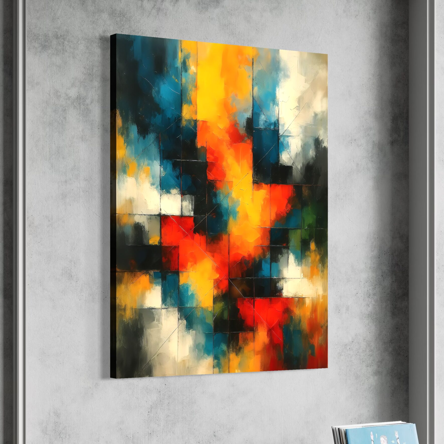 Tableau Lumière Captive – Abstraction lumineuse et énergie contemporaine Tableau Lumière Captive représentant une composition abstraite moderne aux couleurs vibrantes bleu profond, jaune lumineux, rouge intense et blanc dans un style contemporain.
