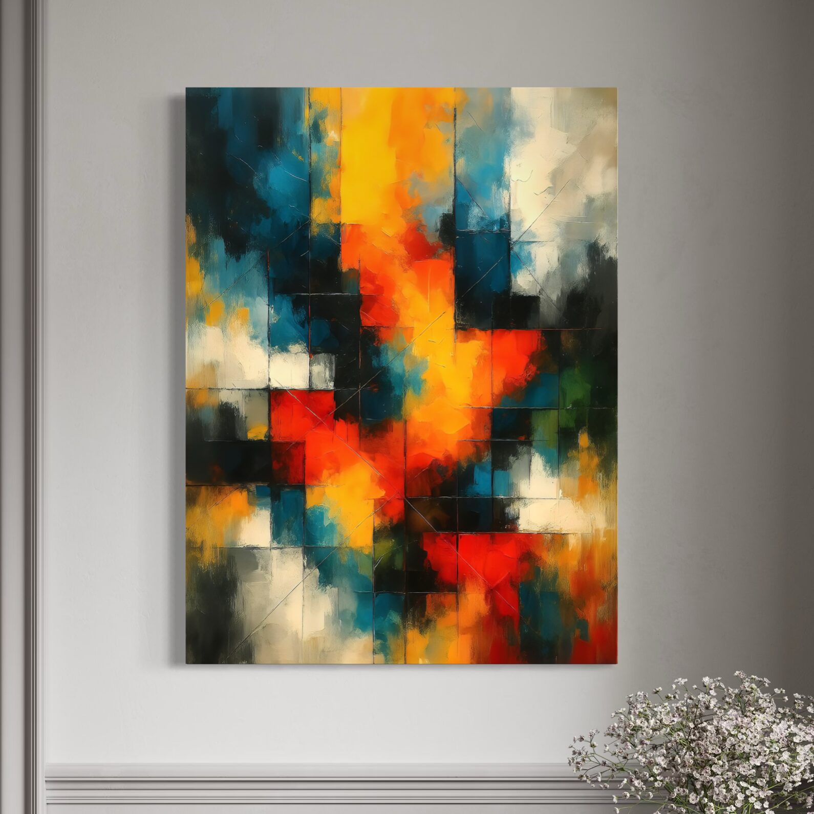 Tableau Lumière Captive – Abstraction lumineuse et énergie contemporaine Tableau Lumière Captive représentant une composition abstraite contemporaine aux couleurs vibrantes bleu, jaune, rouge, orange et blanc dans un style moderne.