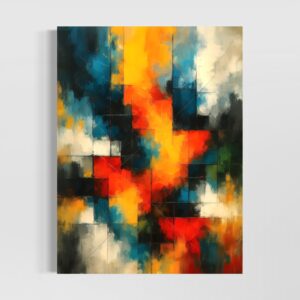 Tableau Lumière Captive représentant une composition abstraite contemporaine aux couleurs vibrantes mêlant bleu profond, rouge intense, jaune lumineux et contrastes éclatants.