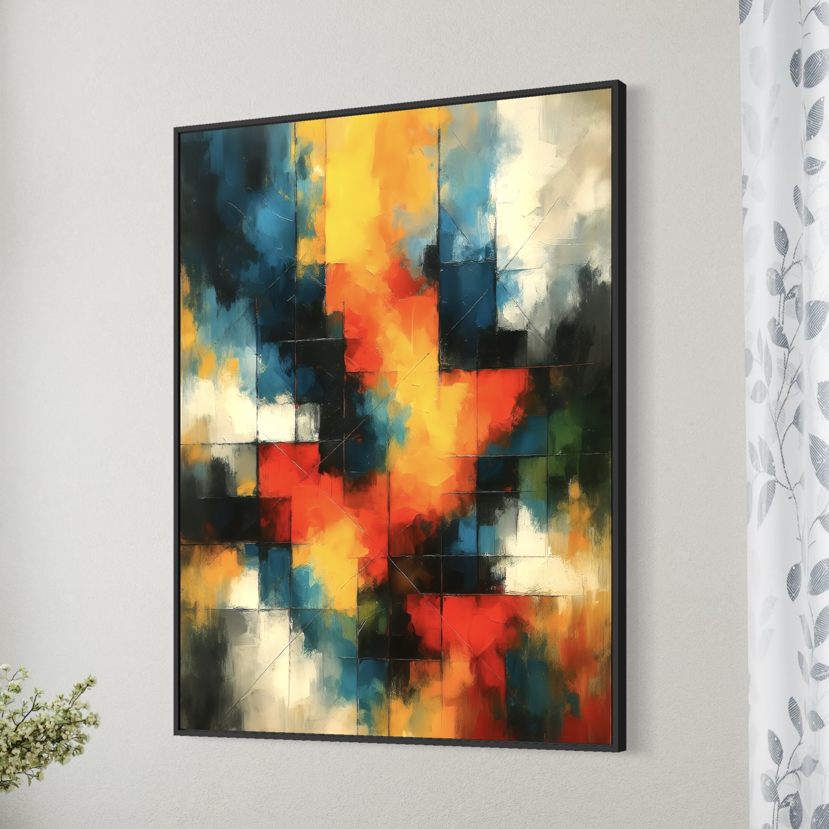 Tableau Lumière Captive – Abstraction lumineuse et énergie contemporaine Tableau abstrait coloré Lumière Captive aux nuances de bleu, jaune, rouge et blanc installé dans un intérieur contemporain avec cadre noir.