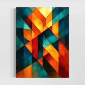 Tableau abstrait moderne géométrique Signature du Temps avec formes graphiques bleu pétrole, turquoise, orange et jaune dans un style contemporain