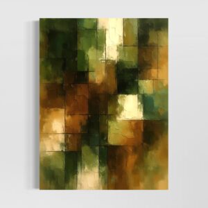 Tableau abstrait nature Écho Terrestre aux tons vert, ocre et beige inspiré des matières naturelles et de l’art contemporain.
