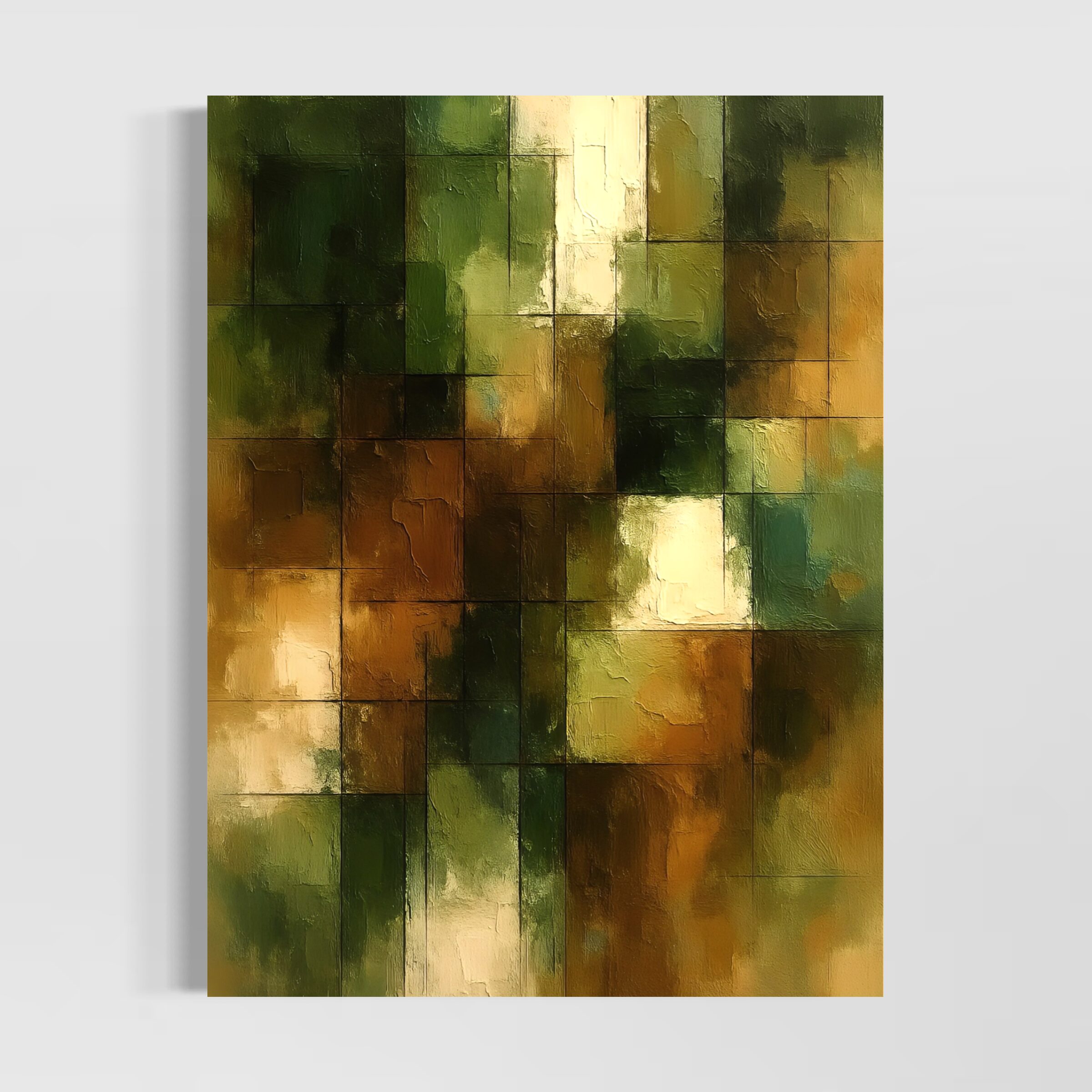 Tableau abstrait nature Écho Terrestre aux tons vert, ocre et beige inspiré des matières naturelles et de l’art contemporain.