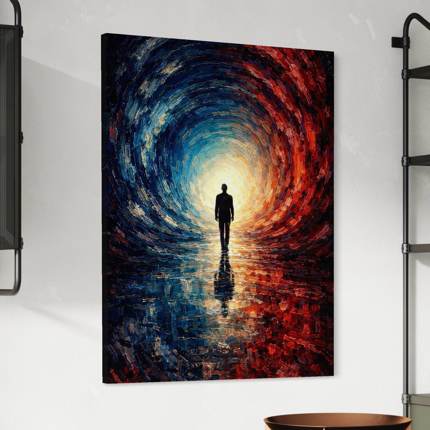 Tableau Abstrait Silhouette – La Traversée Vue latérale du tableau La Traversée représentant une silhouette avançant vers une lumière intense, avec tunnel abstrait bleu et rouge, reflets au sol et ambiance introspective.