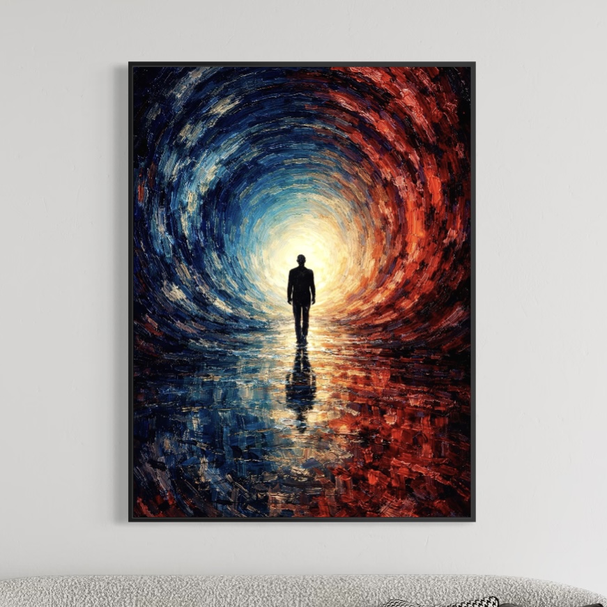 Tableau Abstrait Silhouette – La Traversée Tableau La Traversée représentant une silhouette avançant vers une lumière intense, entourée d’un tunnel abstrait bleu et rouge avec reflets au sol et atmosphère contemporaine.