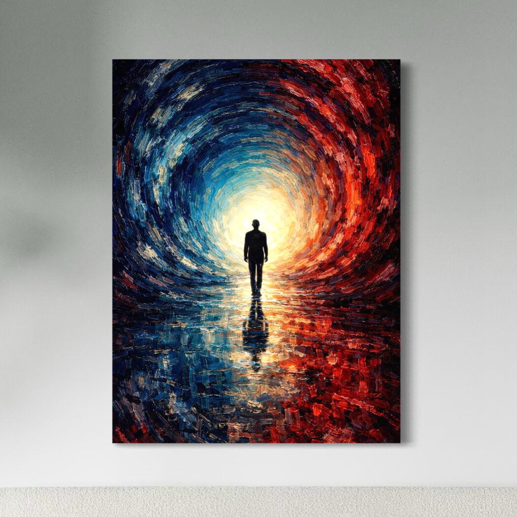 Tableau Abstrait Silhouette – La Traversée Tableau La Traversée représentant une silhouette avançant vers une lumière intense, dans une composition abstraite bleu et rouge avec reflets au sol et atmosphère introspective.