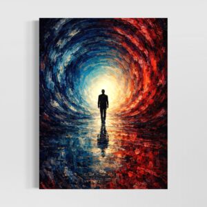 Tableau La Traversée représentant une silhouette marchant vers une lumière intense, entourée d’un tunnel abstrait bleu et rouge avec reflets et texture picturale contemporaine.