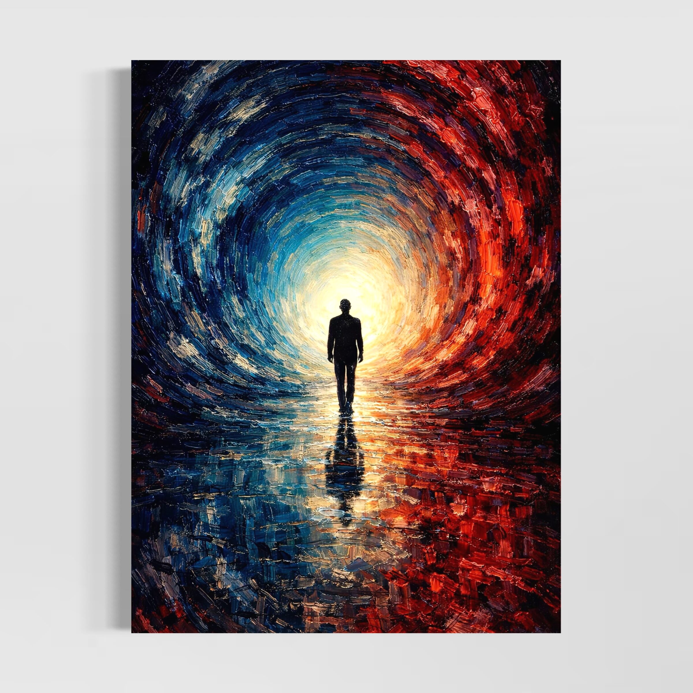 Tableau Abstrait Silhouette – La Traversée Tableau La Traversée représentant une silhouette marchant vers une lumière intense, entourée d’un tunnel abstrait bleu et rouge avec reflets et texture picturale contemporaine.