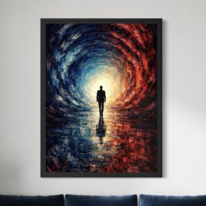Tableau La Traversée encadré noir représentant une silhouette avançant vers une lumière intense, au cœur d’un tunnel abstrait bleu et rouge dans une décoration de salon moderne.
