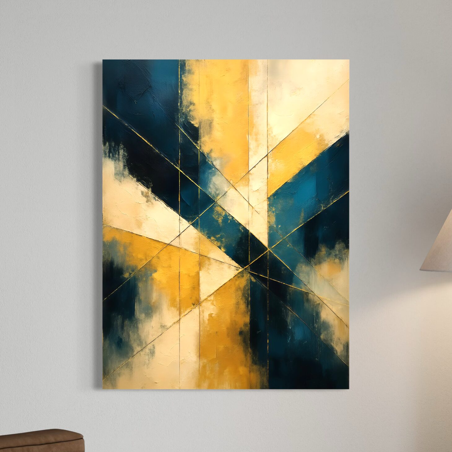 Tableau Alliance Dorée – Abstrait Géométrique Bleu et Or Tableau Alliance Dorée représentant une composition abstraite géométrique aux nuances de bleu pétrole, beige et or dans un intérieur contemporain élégant.