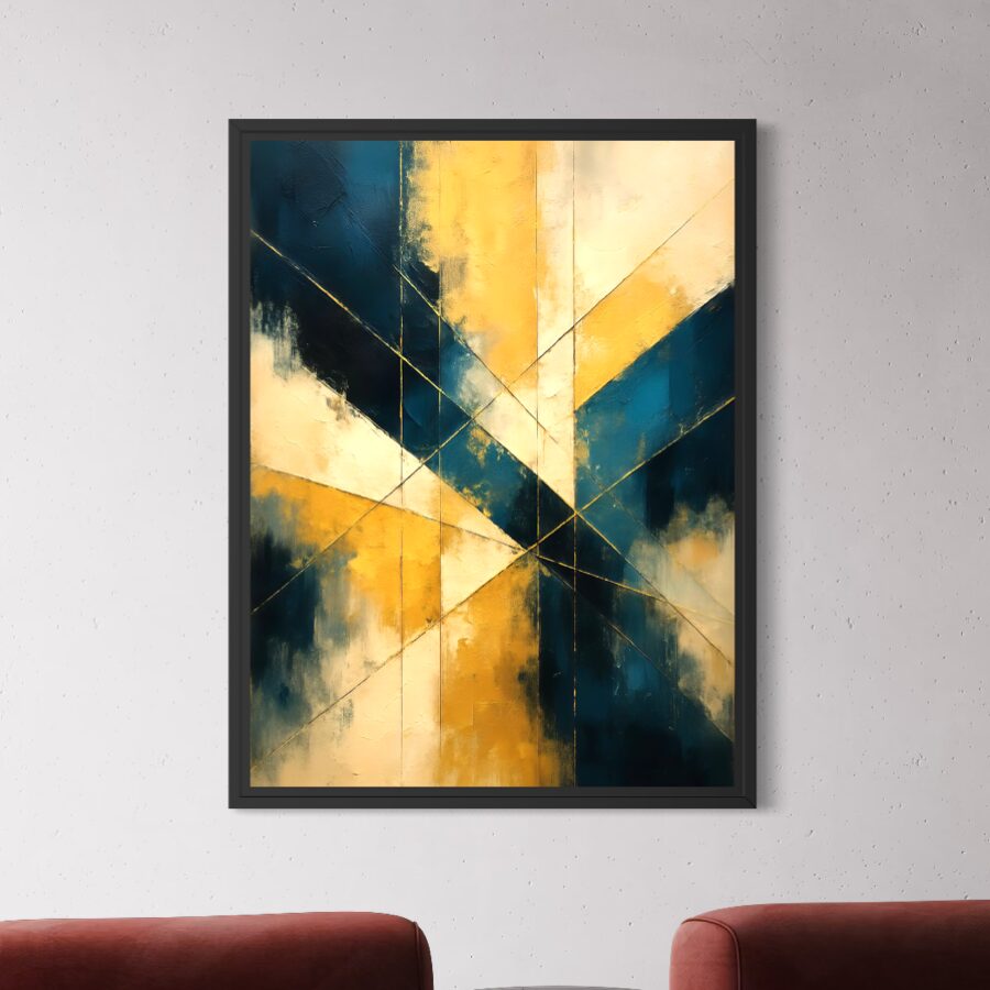 Tableau Alliance Dorée – Abstrait Géométrique Bleu et Or Tableau Alliance Dorée encadré représentant une composition abstraite géométrique bleu pétrole, beige et or dans un intérieur contemporain élégant.