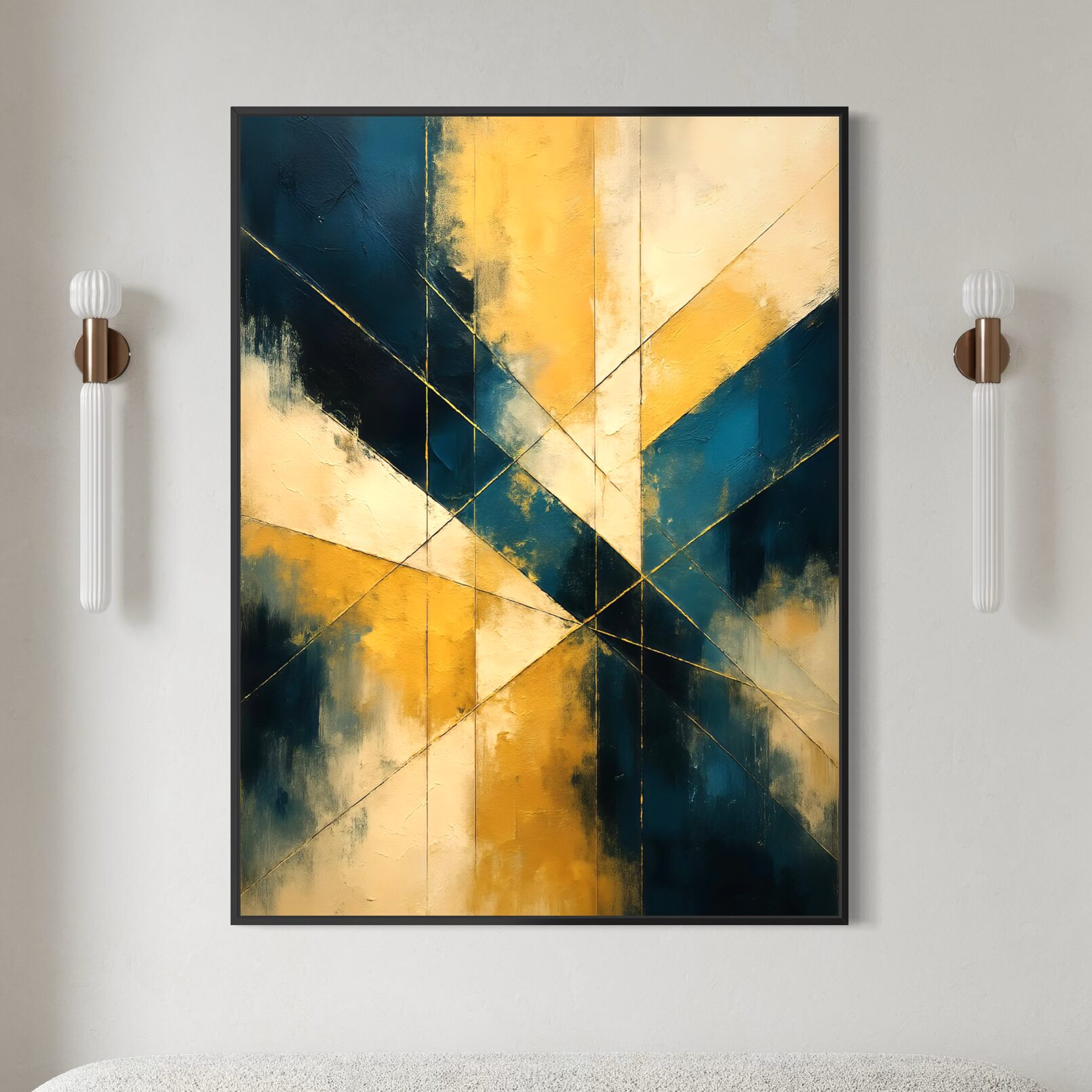 Tableau Alliance Dorée – Abstrait Géométrique Bleu et Or Tableau Alliance Dorée représentant une composition abstraite géométrique bleu pétrole, beige et or avec lignes graphiques dans une décoration contemporaine haut de gamme.