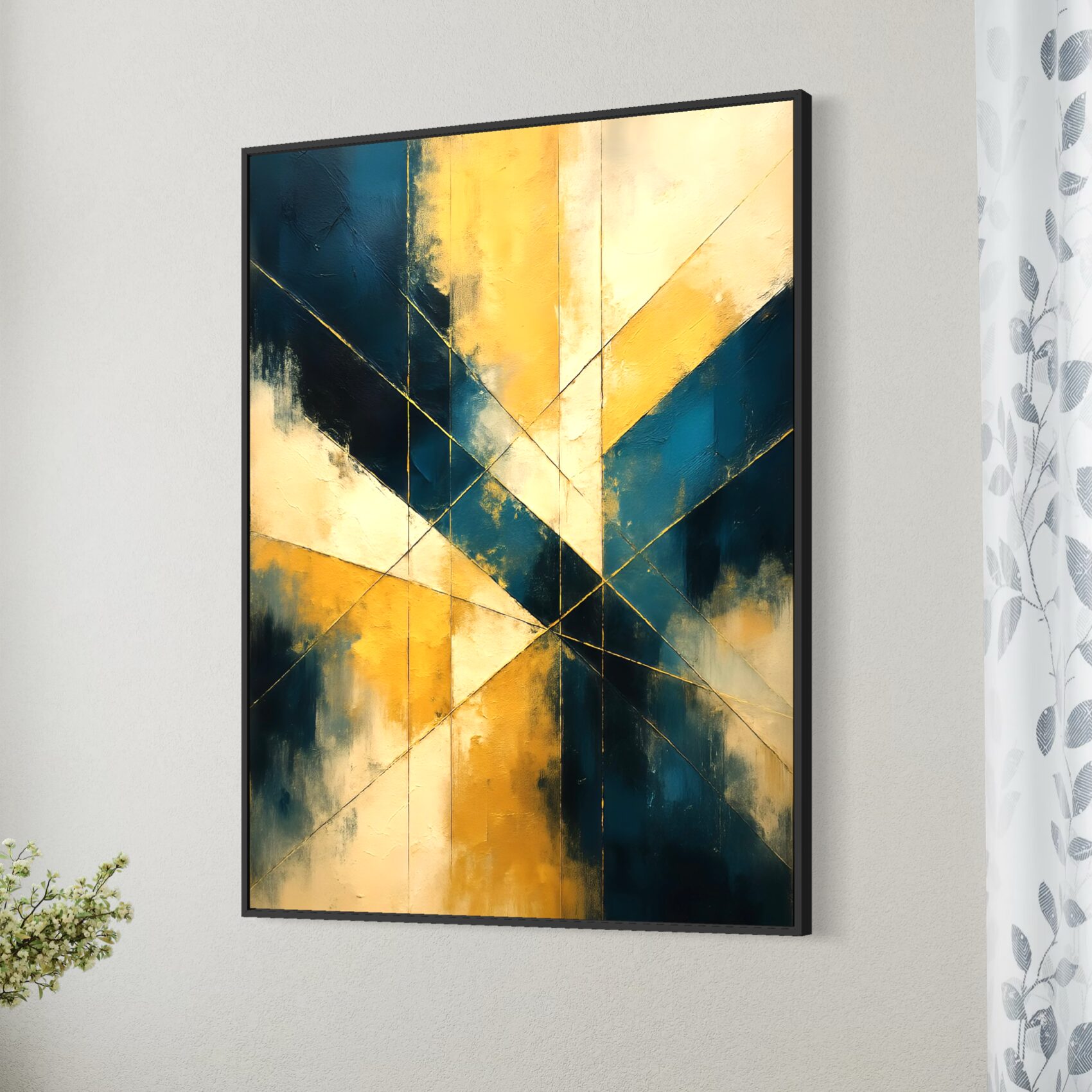 Tableau Alliance Dorée – Abstrait Géométrique Bleu et Or Tableau Alliance Dorée encadré représentant une œuvre abstraite géométrique bleu pétrole, beige et or dans un intérieur contemporain lumineux.