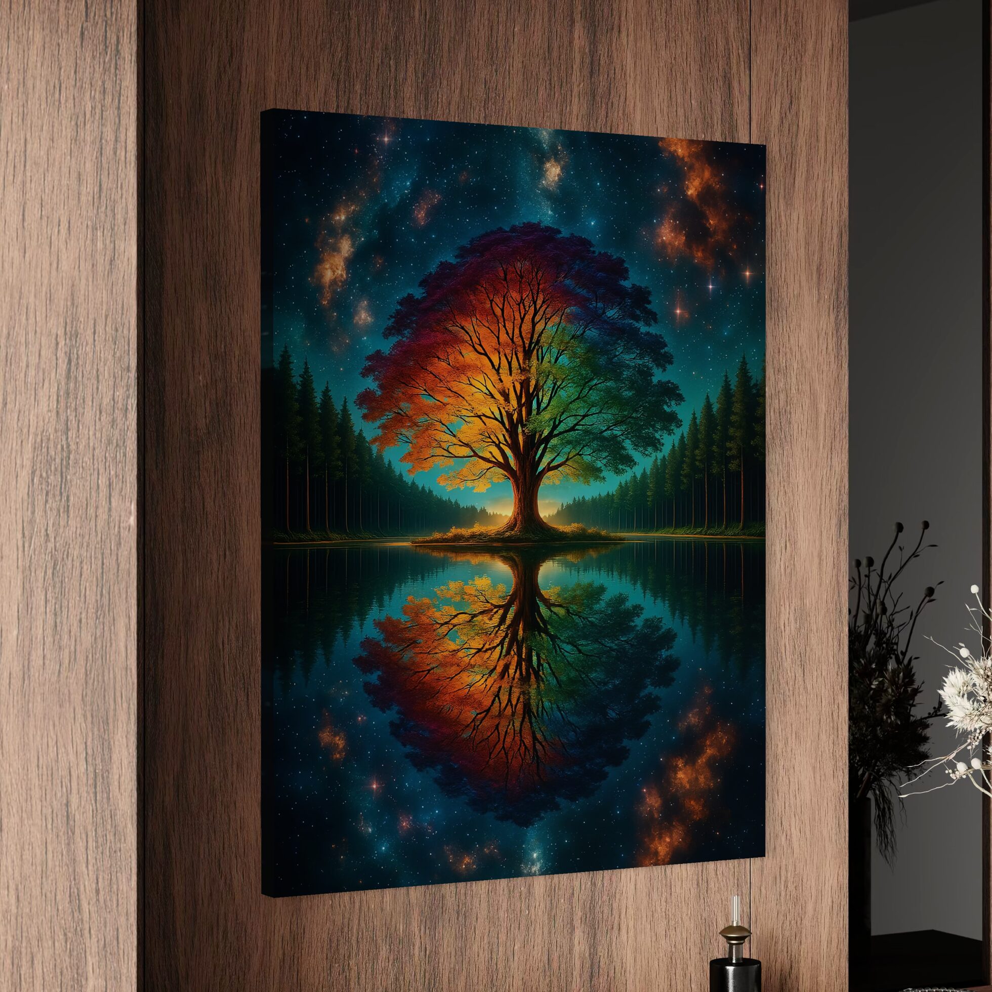 Tableau Arbre Astral – Arbre de Vie Cosmique | SPEKTRA Tableau Arbre Astral représentant un arbre de vie multicolore reflété dans un lac sous un ciel étoilé aux nuances cosmiques.