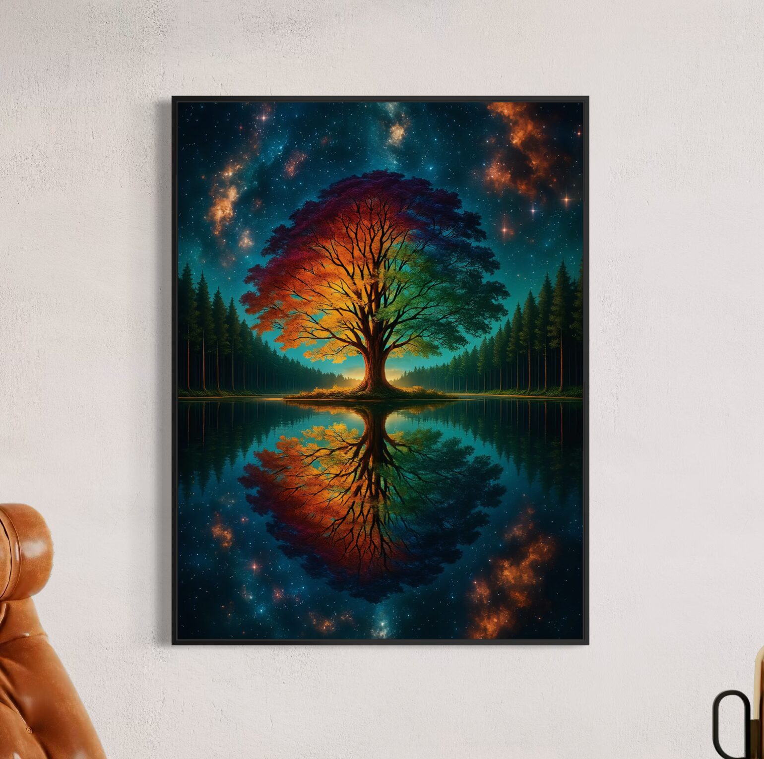 Tableau Arbre Astral – Arbre de Vie Cosmique | SPEKTRA Tableau Arbre Astral encadré représentant un arbre de vie multicolore reflété dans un lac sous un ciel étoilé et cosmique.