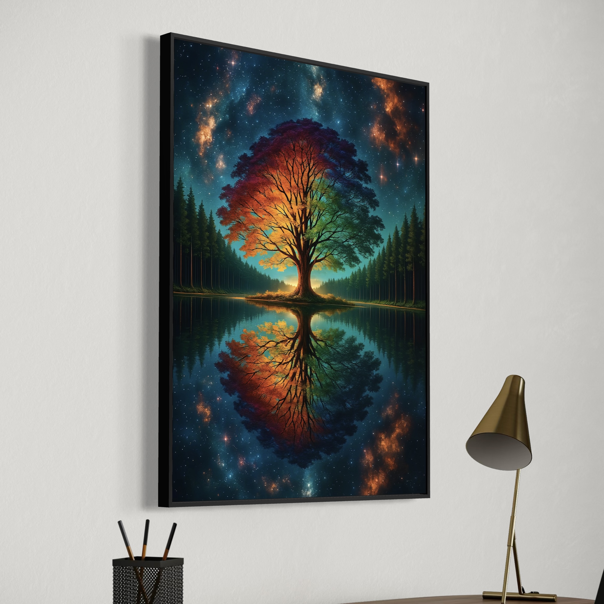 Tableau Arbre Astral – Arbre de Vie Cosmique | SPEKTRA Tableau Arbre Astral vu en perspective avec cadre noir représentant un arbre de vie multicolore reflété dans un lac sous un ciel cosmique.