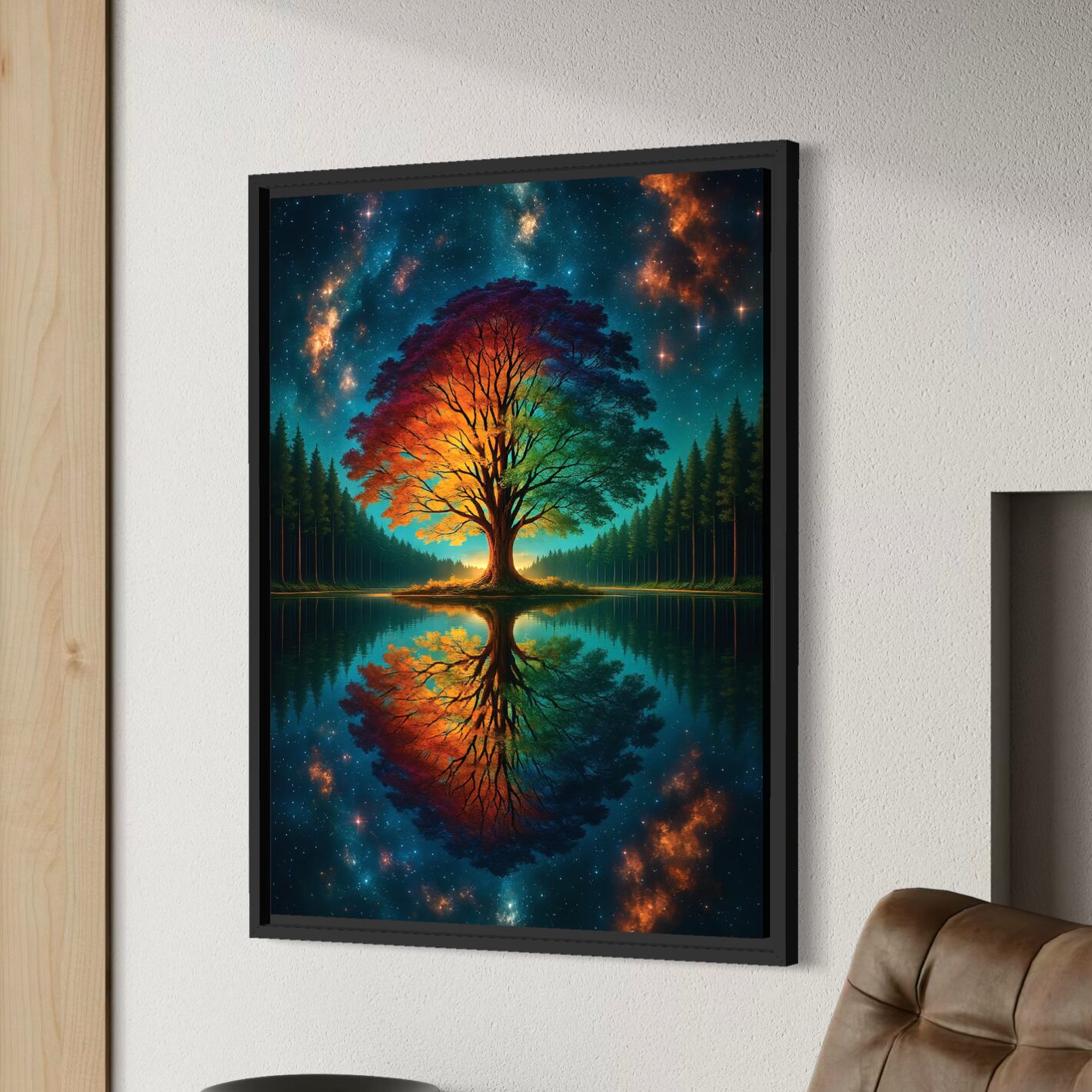 Tableau Arbre Astral – Arbre de Vie Cosmique | SPEKTRA Tableau Arbre Astral représentant un arbre de vie multicolore reflété dans un lac sous un ciel étoilé cosmique.