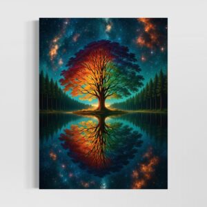 Tableau Arbre Astral représentant un arbre de vie multicolore au bord d’un lac reflétant un ciel étoilé et un univers cosmique lumineux.