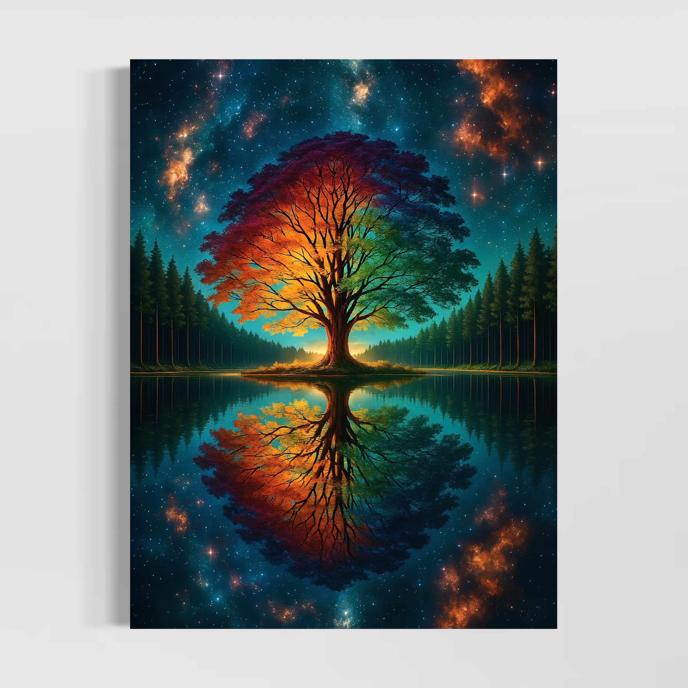Tableau Arbre Astral – Arbre de Vie Cosmique | SPEKTRA Tableau Arbre Astral représentant un arbre de vie multicolore au bord d’un lac reflétant un ciel étoilé et un univers cosmique lumineux.
