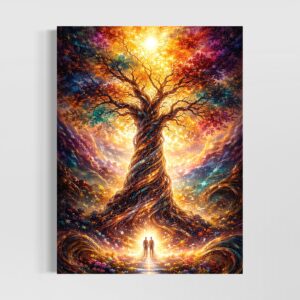 Tableau Arbre des Âmes représentant un arbre de vie fantastique lumineux avec branches colorées, racines majestueuses et silhouettes humaines dans une atmosphère féerique.