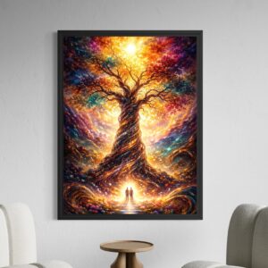 Tableau Arbre des Âmes encadré noir représentant un arbre de vie fantastique lumineux avec branches colorées, tronc majestueux et silhouettes humaines dans une atmosphère féerique.