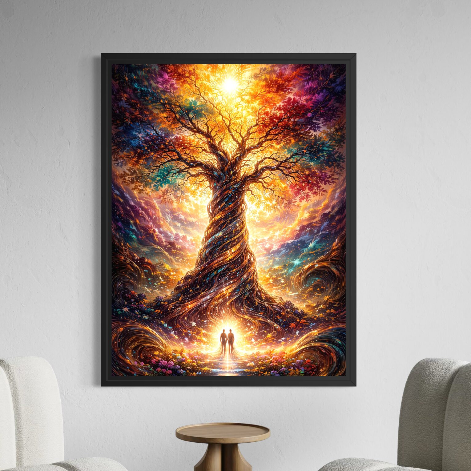 Tableau Arbre des Âmes représentant un arbre de vie fantastique lumineux avec branches colorées, racines majestueuses et silhouettes humaines dans une atmosphère féerique. Tableau Arbre des Âmes encadré noir représentant un arbre de vie fantastique lumineux avec branches colorées, tronc majestueux et silhouettes humaines dans une atmosphère féerique.