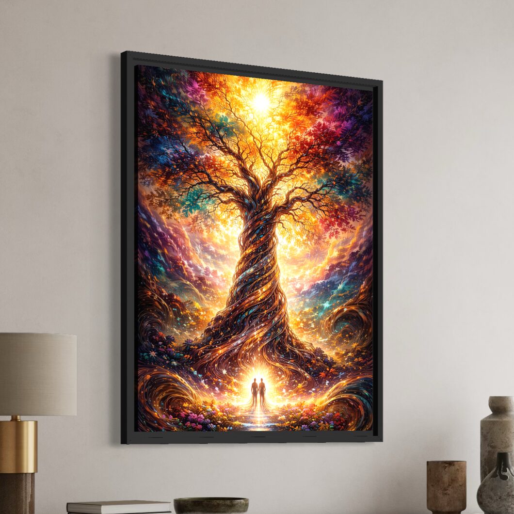 Tableau Arbre des Âmes représentant un arbre de vie fantastique lumineux avec branches colorées, racines majestueuses et silhouettes humaines dans une atmosphère féerique. tableau-arbre-de-vie-fantastique-lumineux-encadre-noir-vue-laterale-spektra